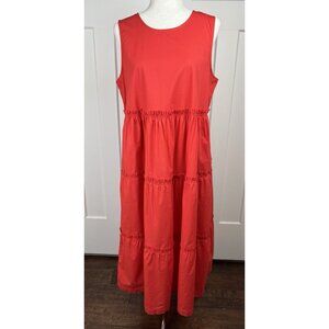 J.Crew Red Orange Tiered Midi Dress 10 Sleeveless Pockets Cotton Blend Coral